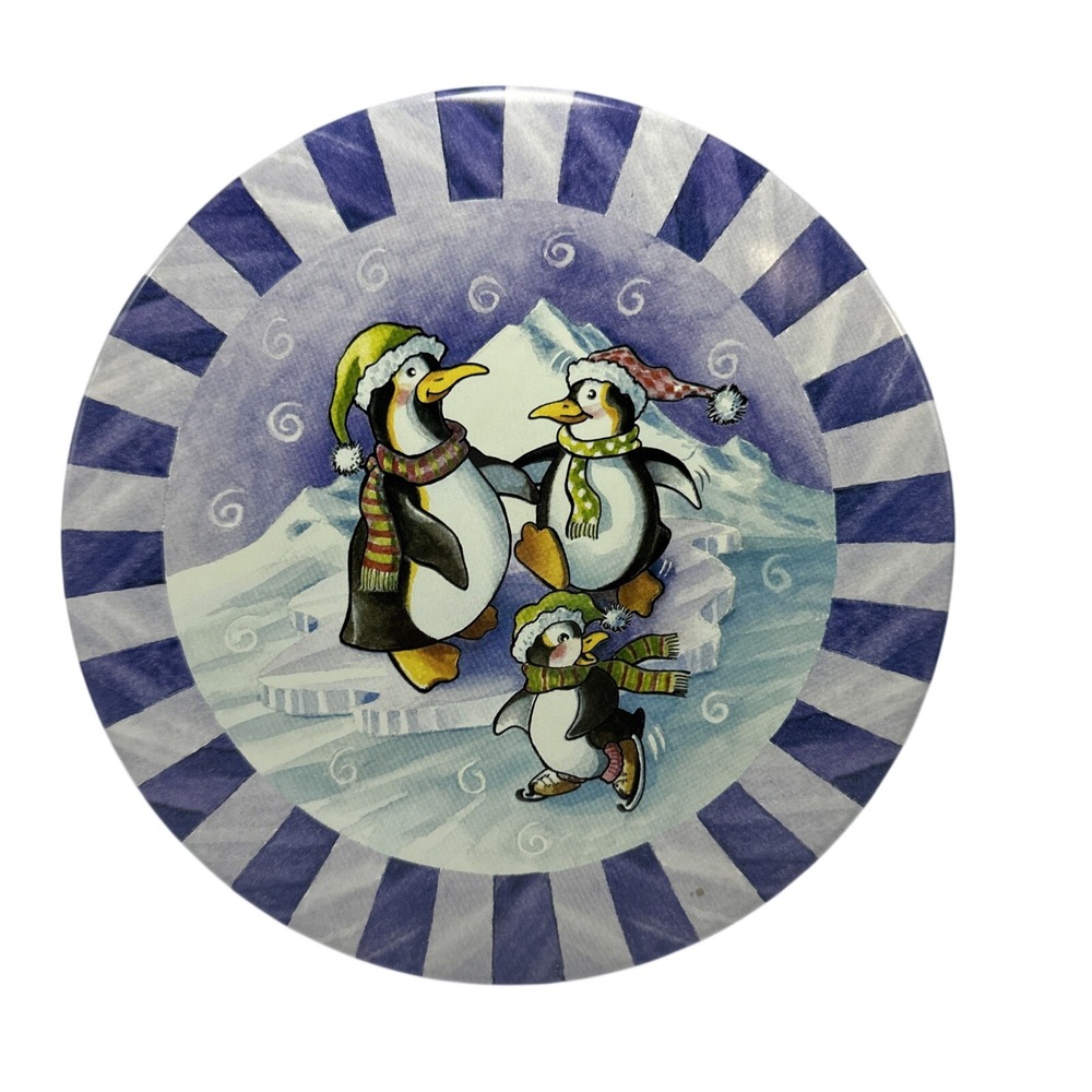 Vintage Style Penguin‎ Family Ice Skating Round Metal Holiday Cookie Tin 8in